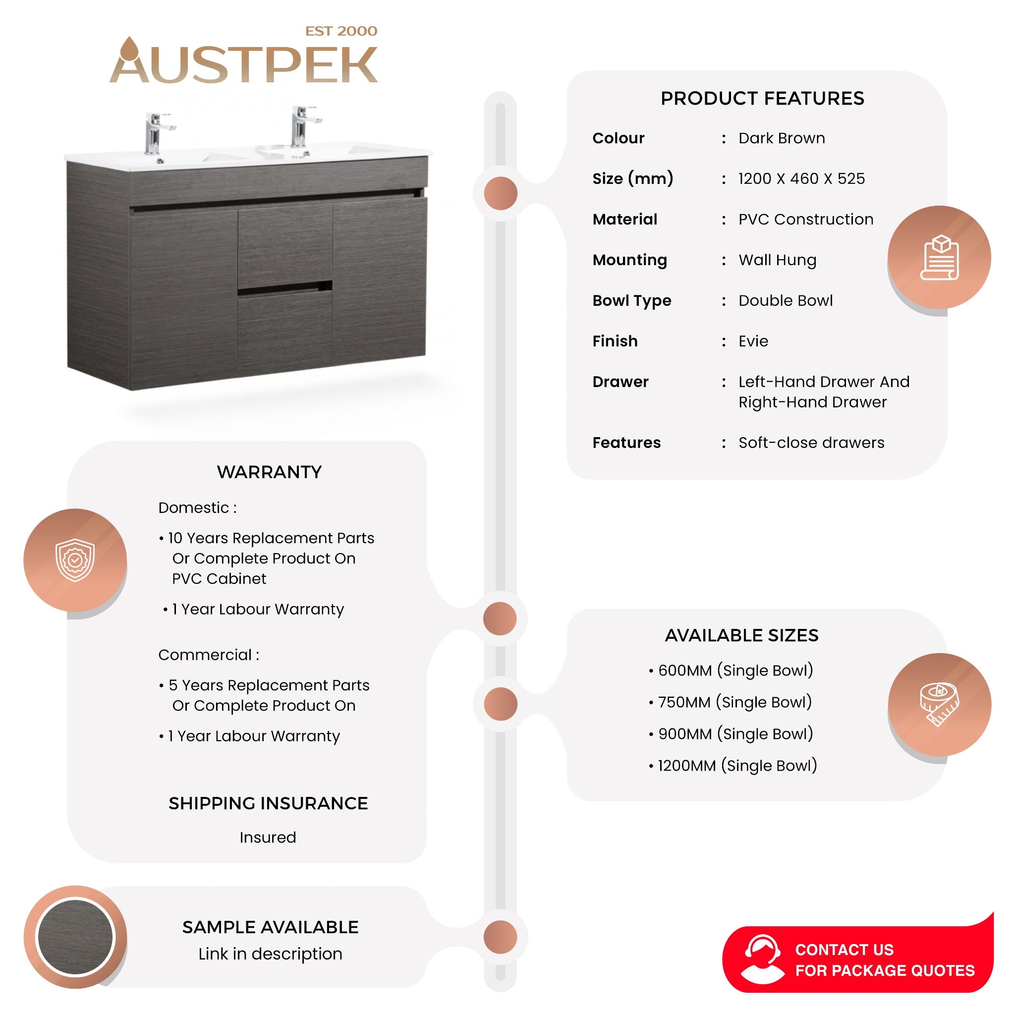 POSEIDON EVIE DARK BROWN 1200MM DOUBLE BOWL WALL HUNG VANITY