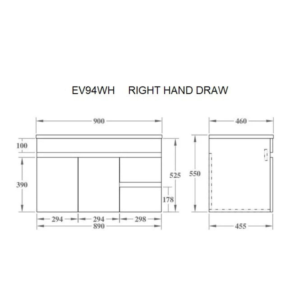 POSEIDON EVIE OAK 900MM SINGLE BOWL WALL HUNG VANITY (AVAILABLE IN LEFT AND RIGHT HAND DRAWER)
