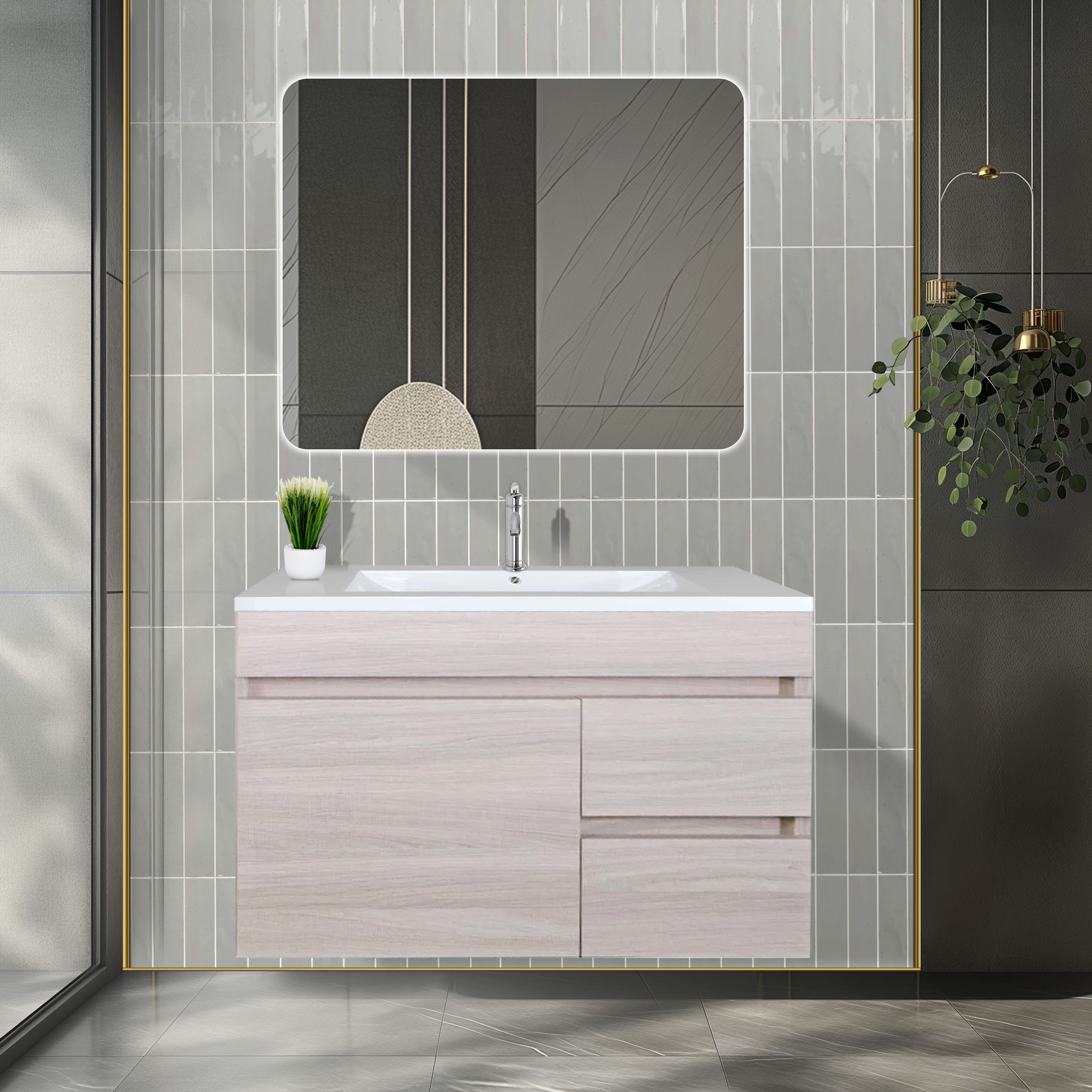 POSEIDON EVIE OAK 900MM SINGLE BOWL WALL HUNG VANITY(AVAILABLE IN LEFT AND RIGHT HAND DRAWER)