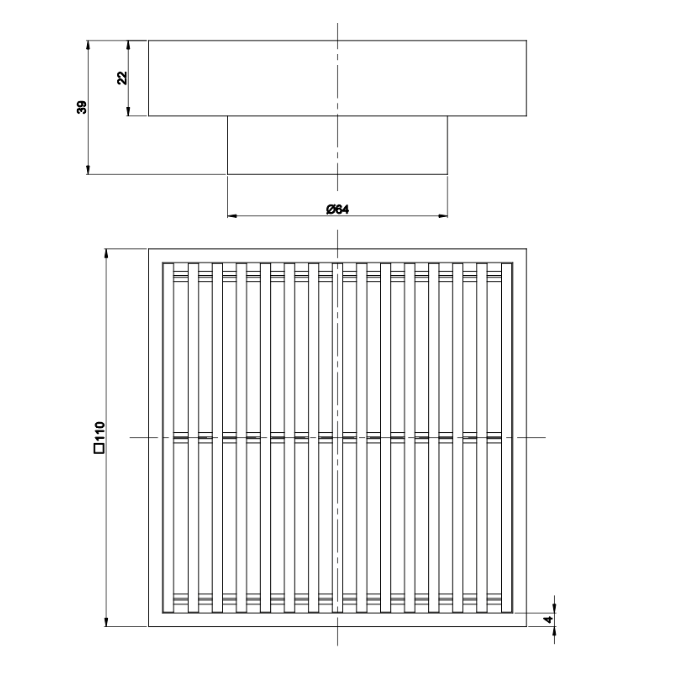 LINSOL EZYFLOW HEELGUARD DN64 SQUARE WASTE 110MM BRUSHED NICKEL