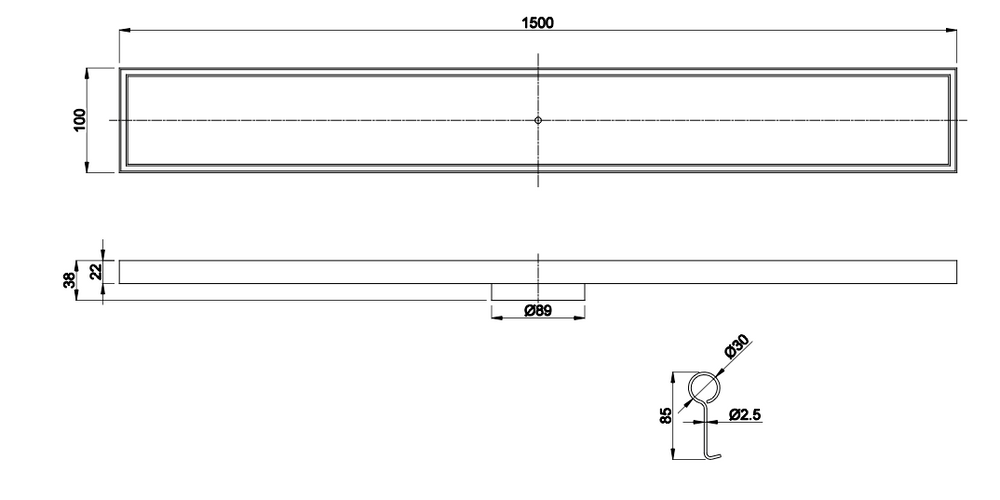 LINSOL EZYFLOW TILE INSERT DN89 LINEAR WASTE 1500MM - Technical Drawing