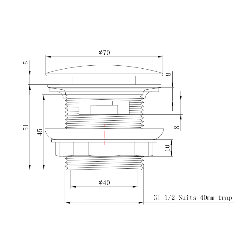 Linsol Ezyflow 40mm Pop-Up Plug & Waste with Overflow technical drawing