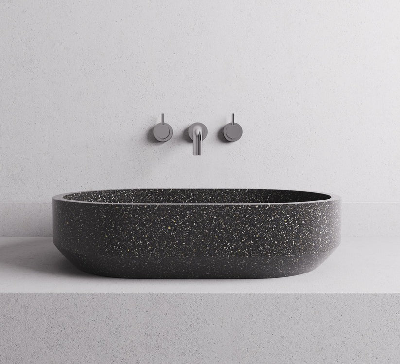 MADU EDEN OVAL ABOVE COUNTER BASIN HANDCRAFTED TERRAZO STONE GREY 600MM