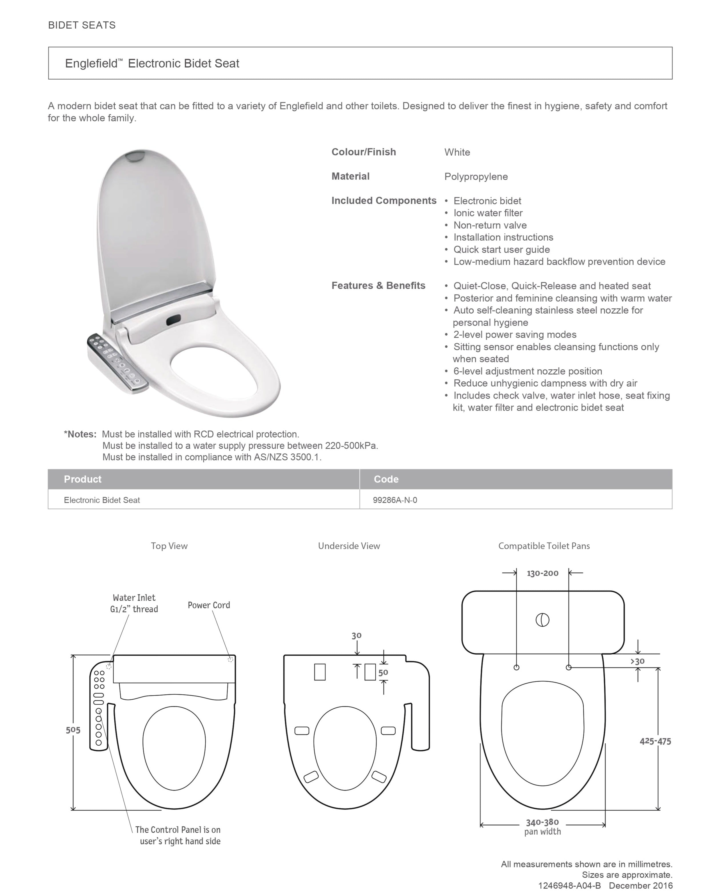 ENGLEFIELD BY KOHLER ELECTRONIC BIDET SEAT WITH SIDE CONTROL GLOSS WHITE ELONGATED