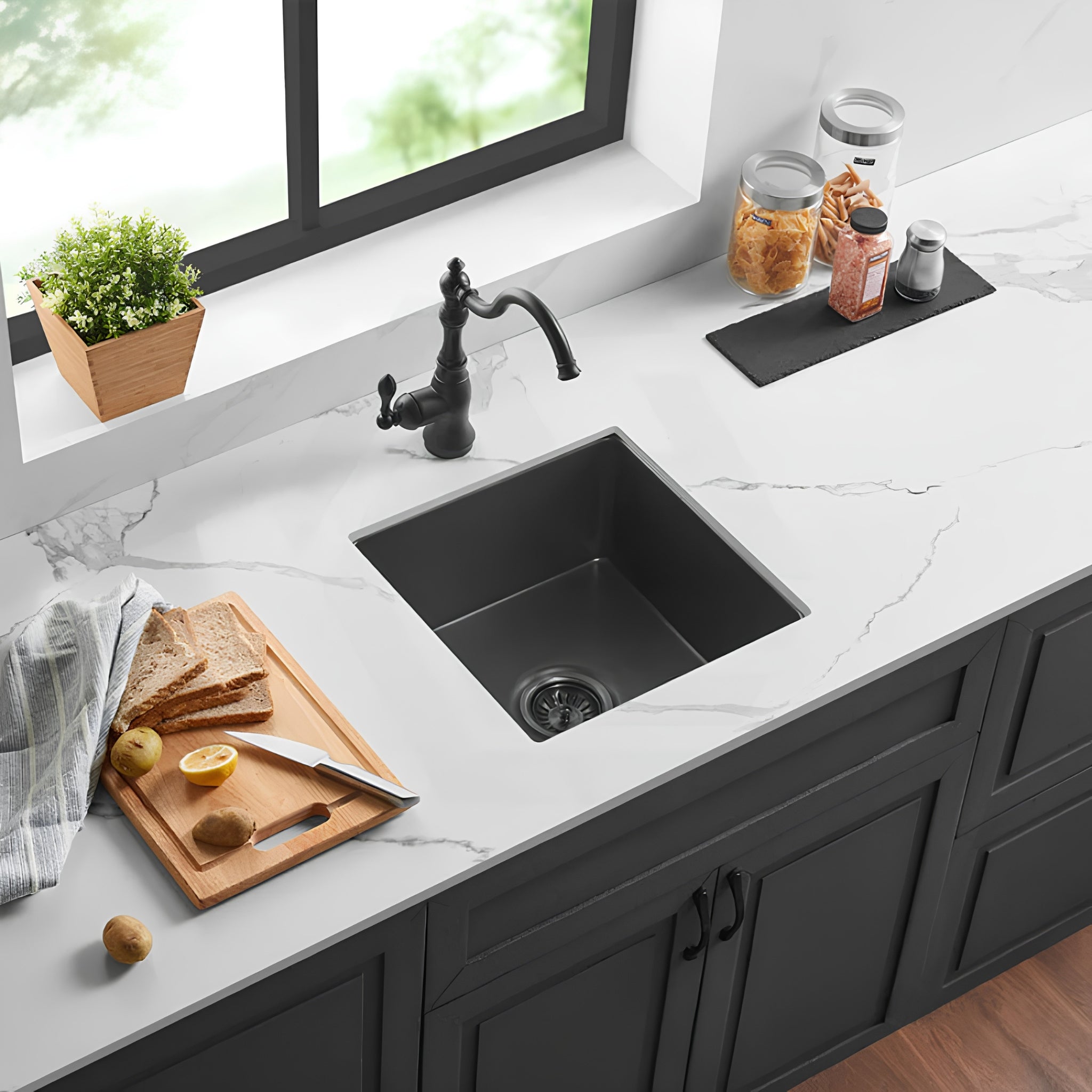 VITO NADIA SINGLE BOWL INSET AND UNDERMOUNT FIRECLAY KITCHEN SINK MATTE BLACK 457MM