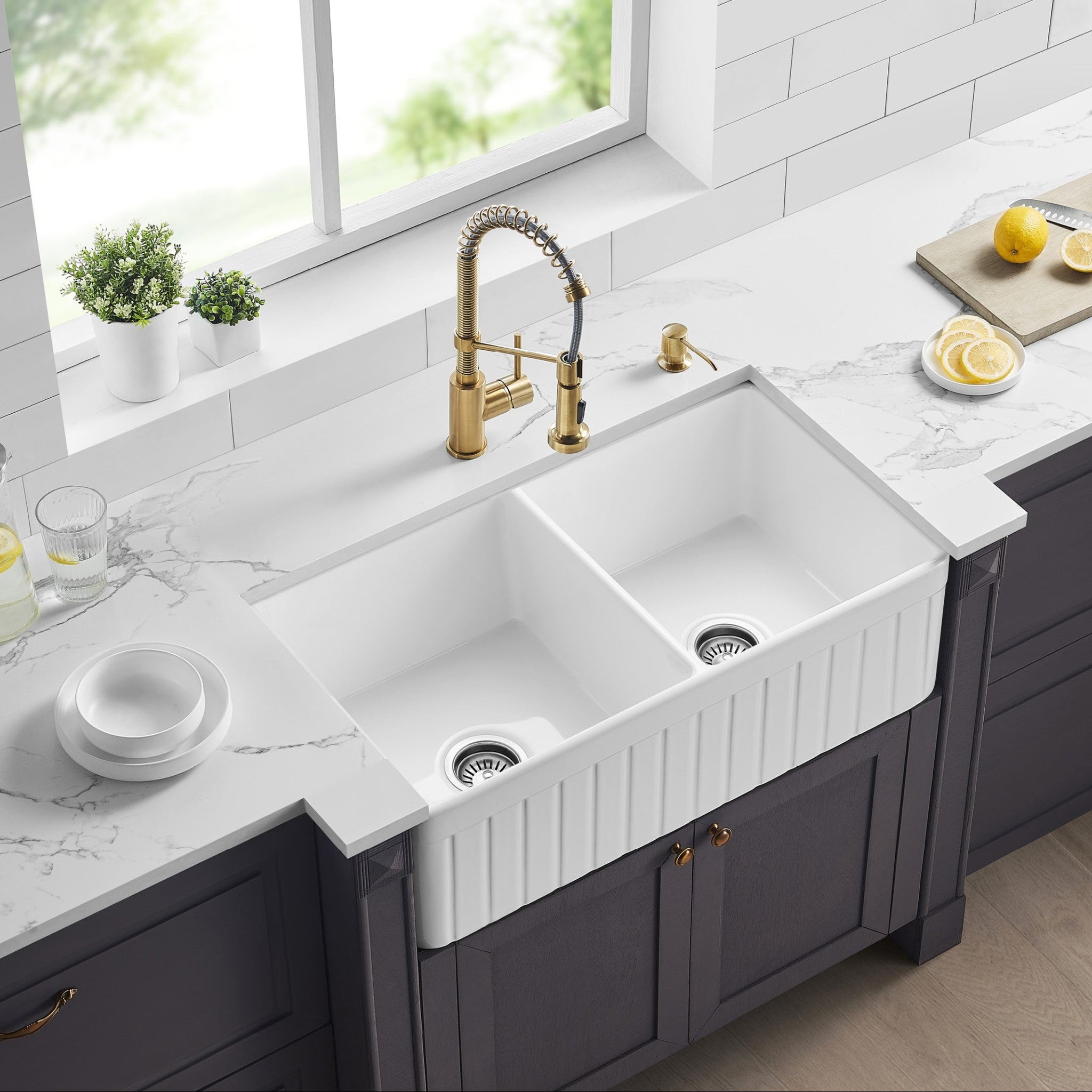 CETO GREENWICH DOUBLE BOWL FIRECLAY KITCHEN SINK GLOSS WHITE 838MM