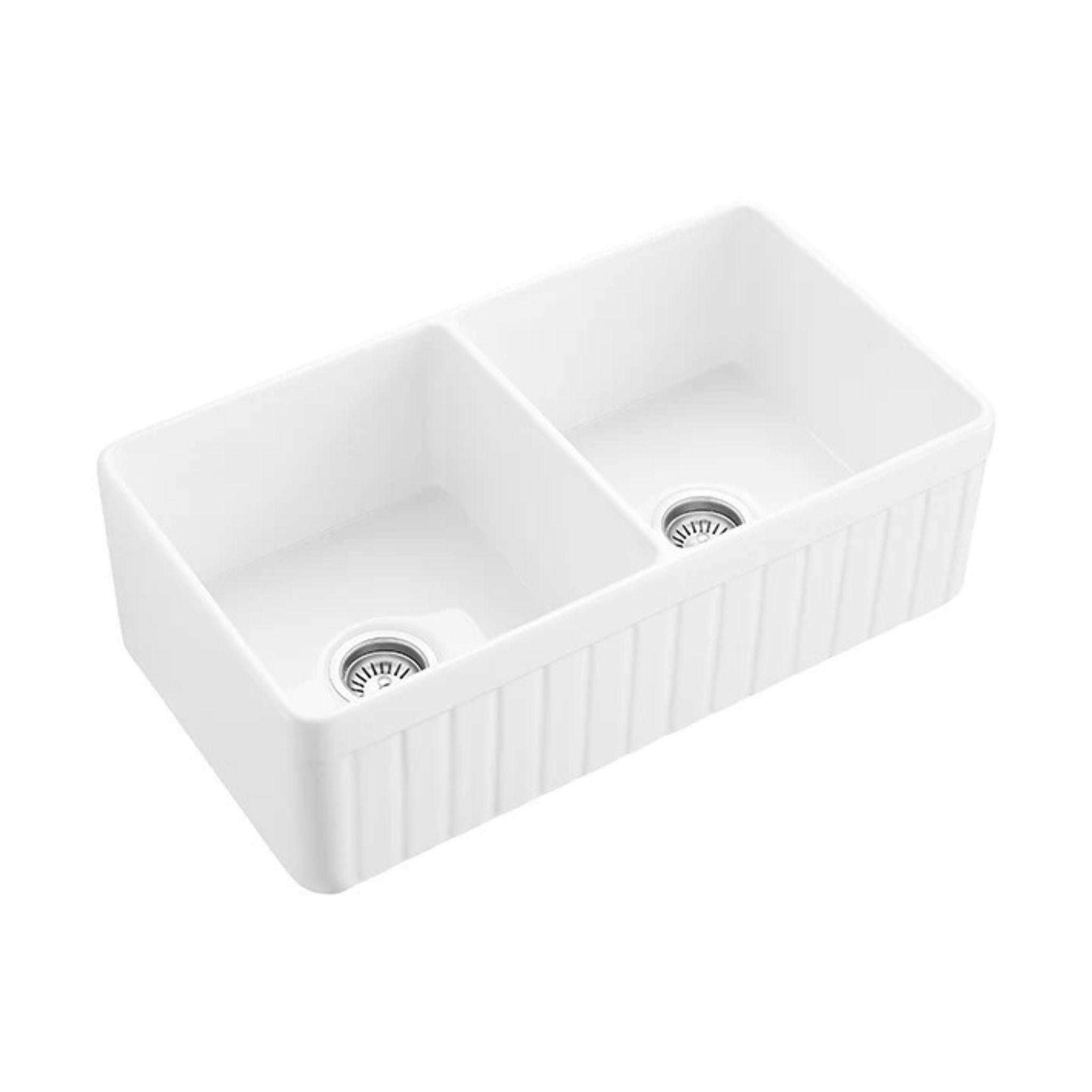 CETO GREENWICH DOUBLE BOWL FIRECLAY KITCHEN SINK GLOSS WHITE 838MM