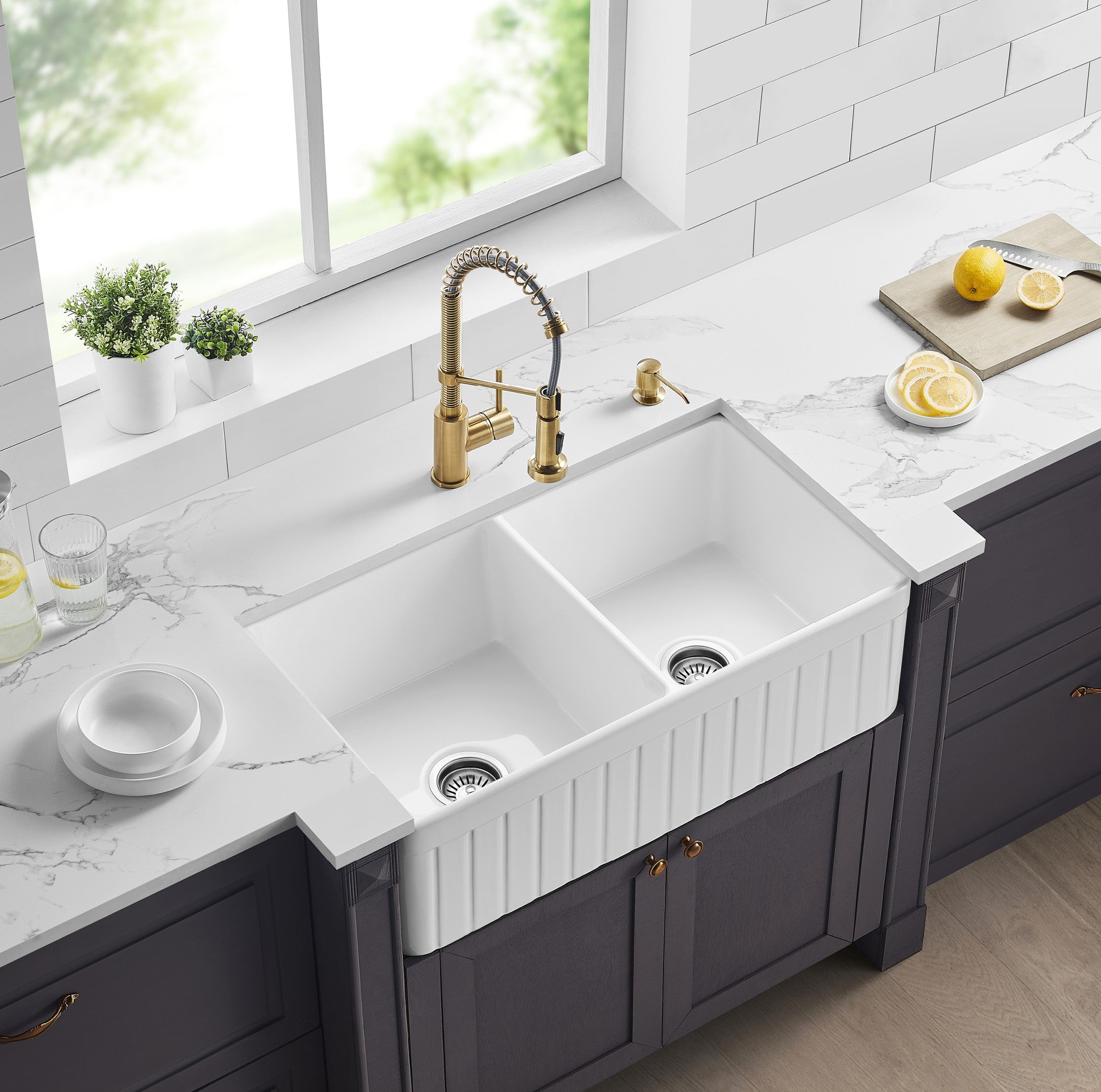 CETO GREENWICH DOUBLE BOWL FIRECLAY KITCHEN SINK GLOSS WHITE 838MM