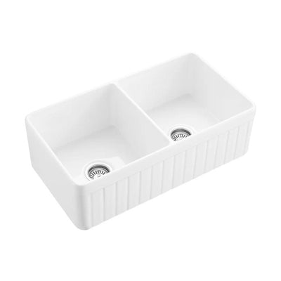 CETO GREENWICH DOUBLE BOWL FIRECLAY KITCHEN SINK GLOSS WHITE 838MM