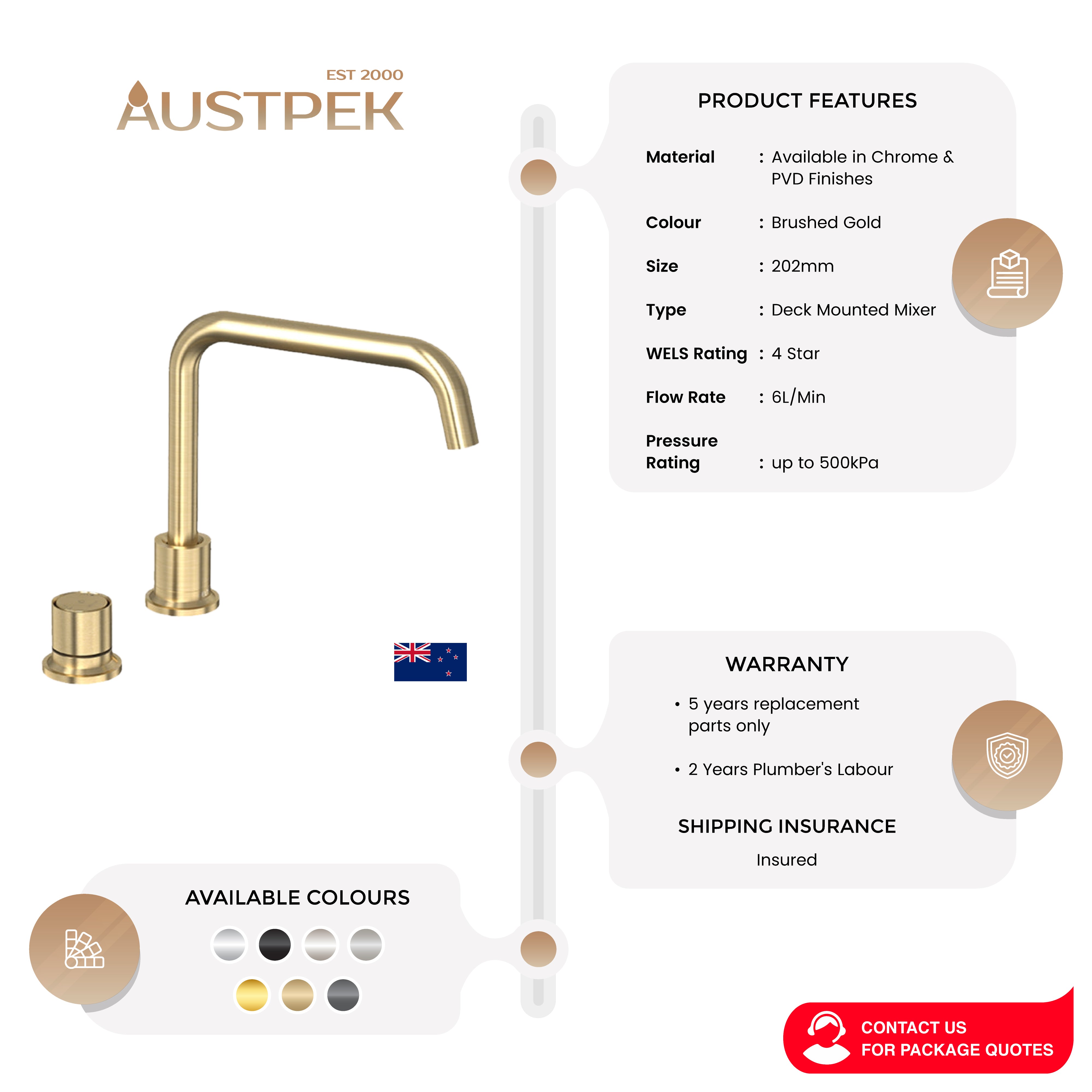 FELTON TATE DIGITAL DECK MOUNTED MIXER 202MM BRUSHED GOLD
