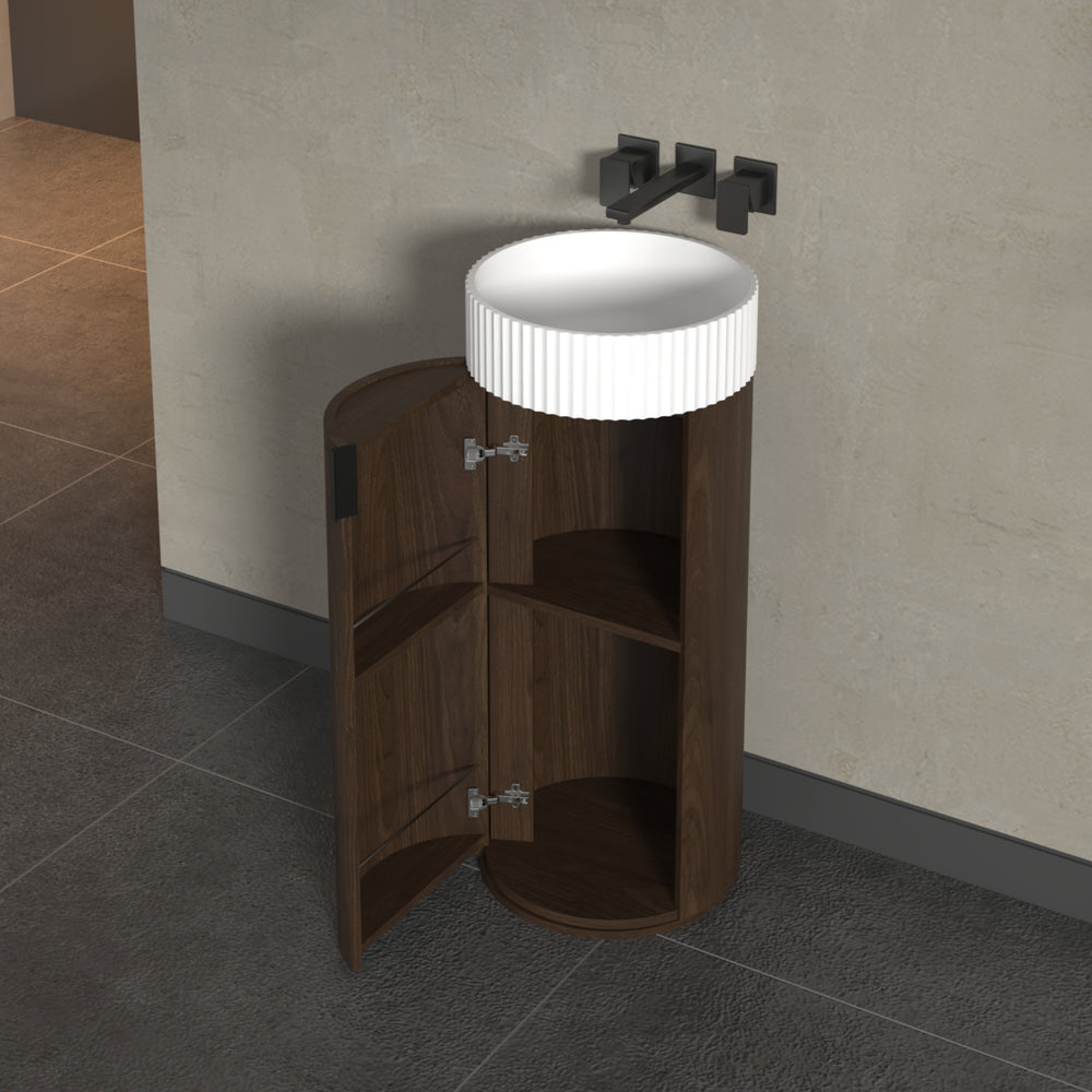 INFINITY FELIX WALNUT 390MM FREESTANDING VANITY WITH FLUTED SOLID SURFACE BASIN