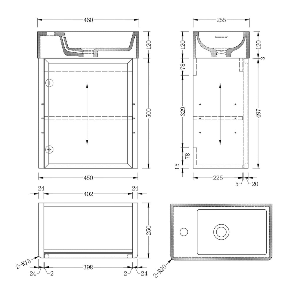 INFINITY FELIX WALNUT 450MM ENSUITE SPACE SAVING WALL HUNG VANITY WITH SURFACE SOLID BASIN