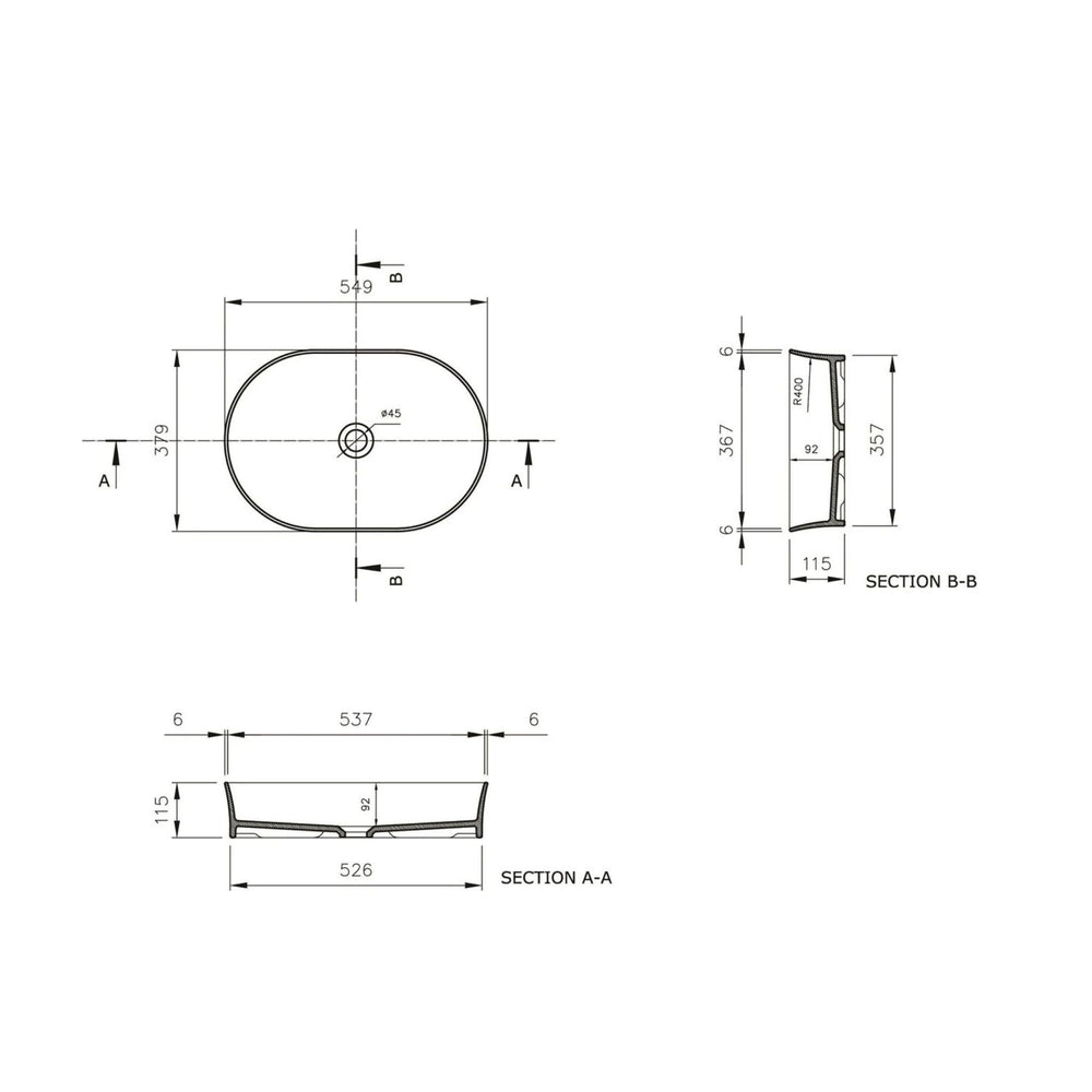 TURNER HASTINGS FINO OVAL ABOVE COUNTER FIRECLAY BASIN GLOSS WHITE 549MM