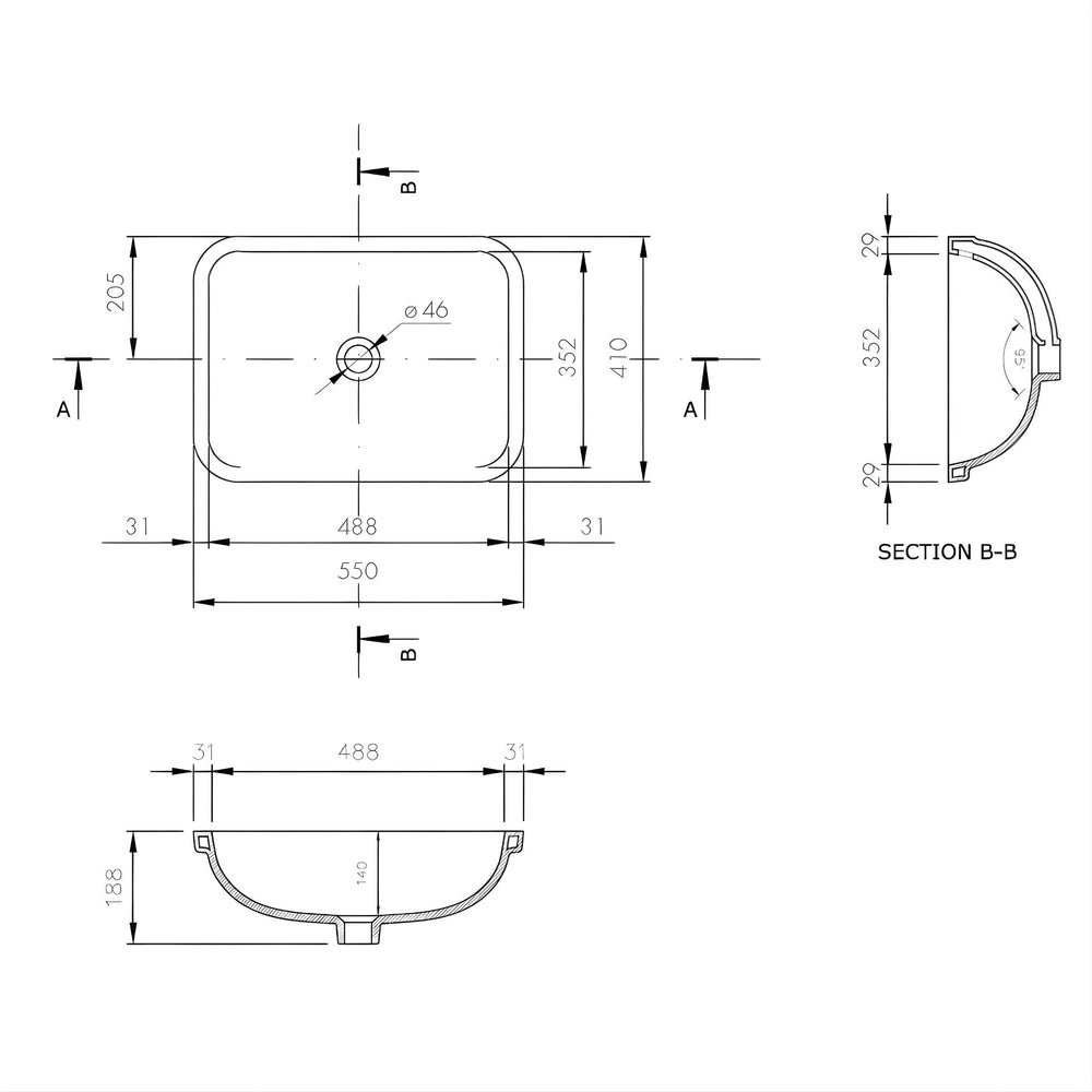 TURNER HASTINGS FINO UNDER COUNTER FIRECLAY BASIN GLOSS WHITE 550MM
