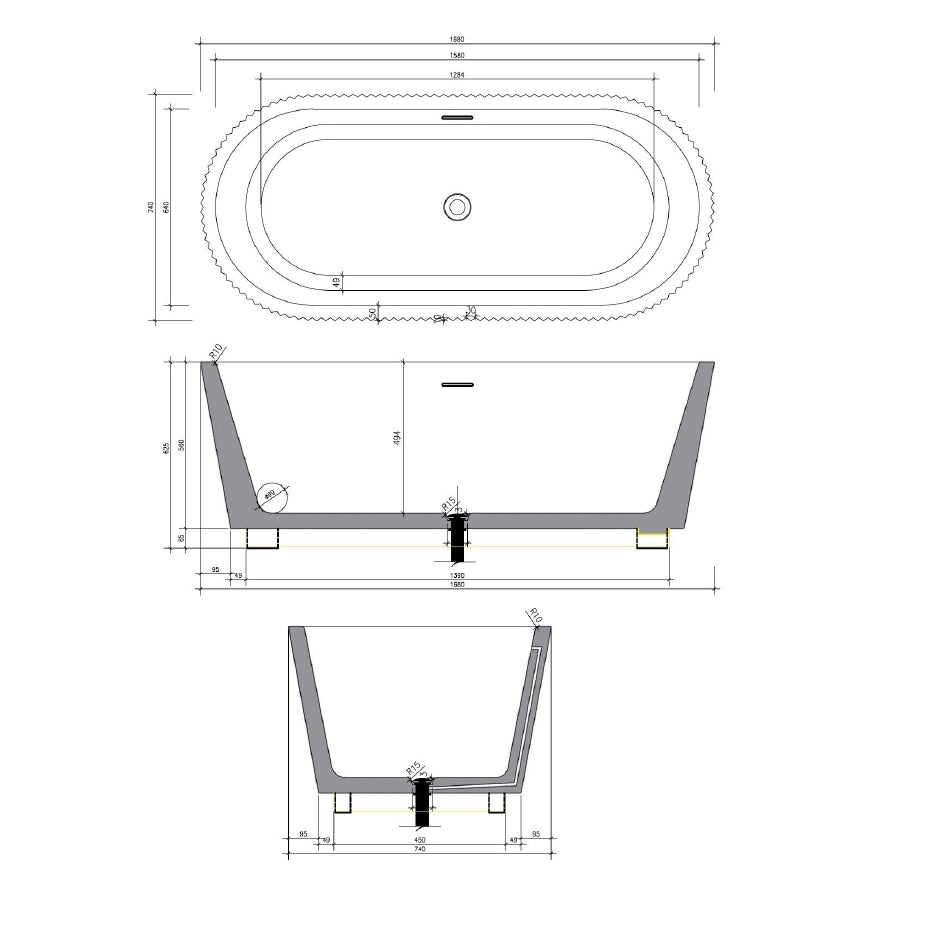 VEROTTI FLORENCE FREESTANDING SOLID SURFACE BATH MATTE WHITE 1700MM