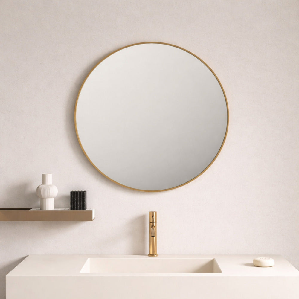 MERCIO ALUMINIUM FRAMED ROUND MIRROR BRUSHED GOLD 750X750MM