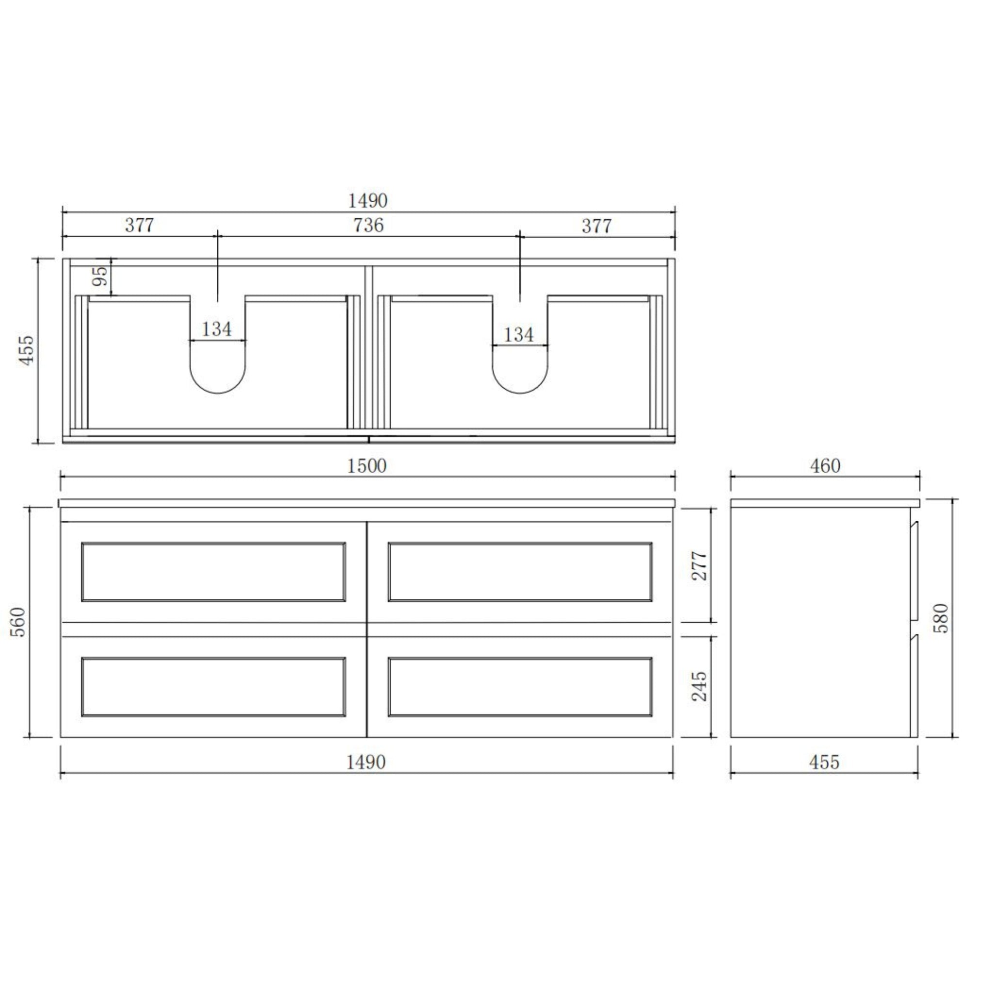CETO FREMANTLE MATTE WHITE 1500MM DOUBLE BOWL WALL HUNG VANITY