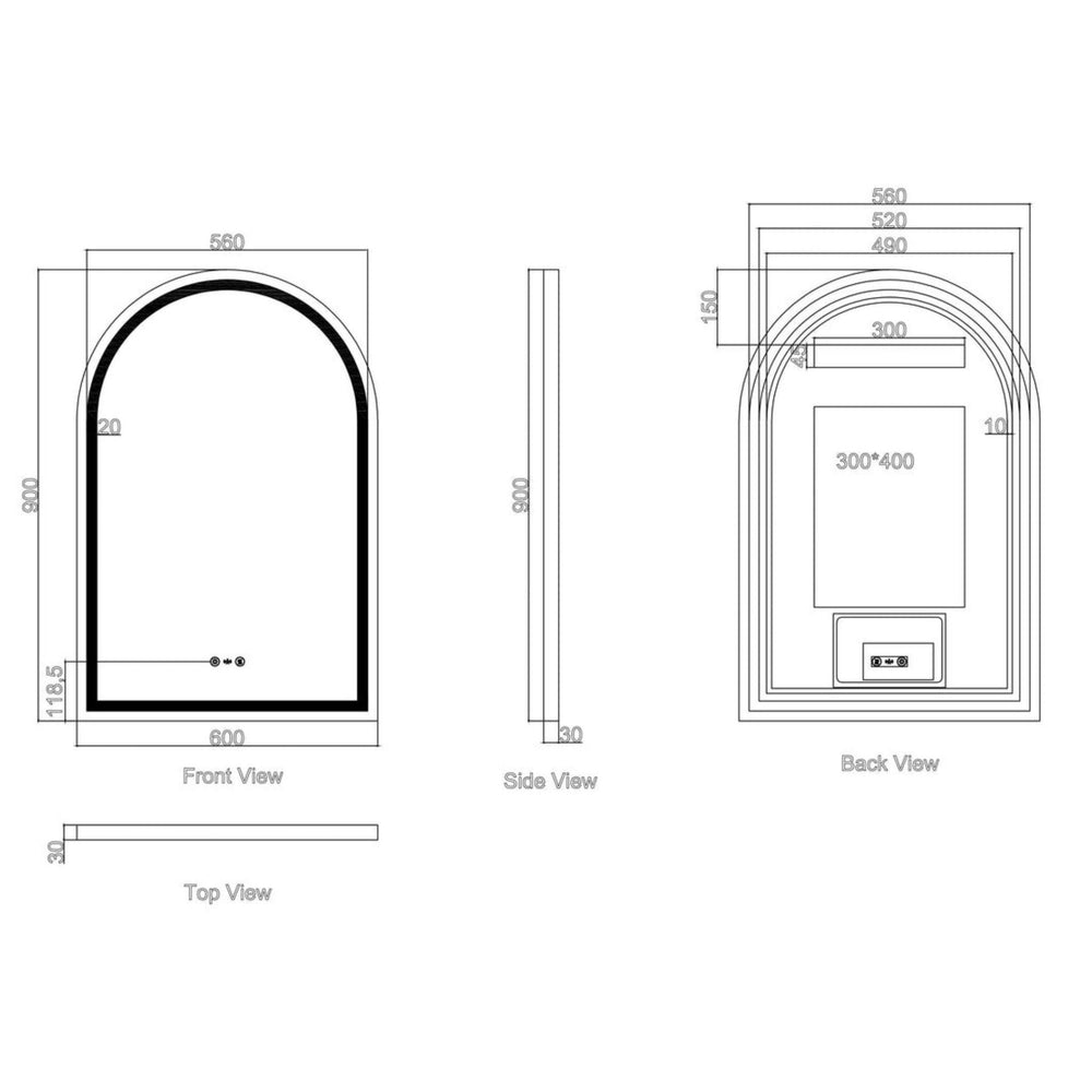 MERCIO FREYA FRAMELESS ARCH LED MIRROR 600X900MM