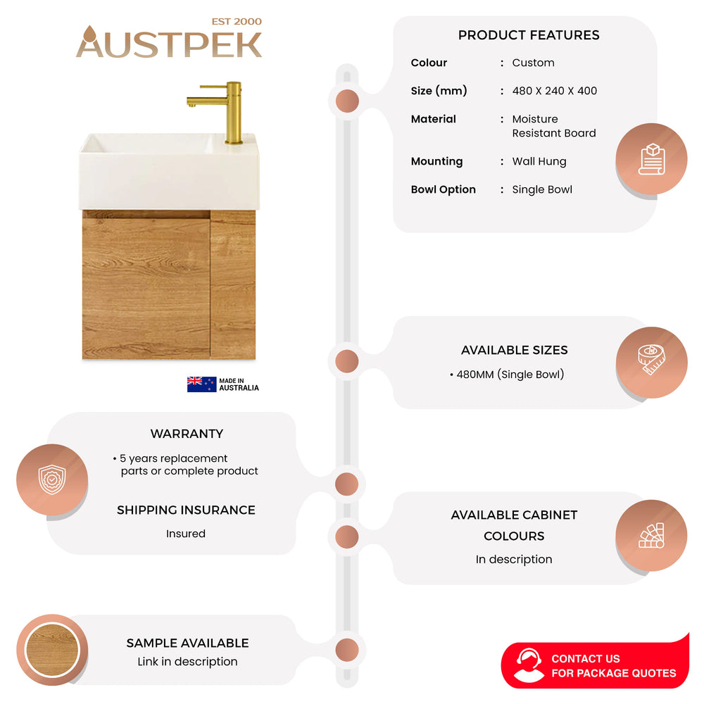 TIMBERLINE FRANKIE 480MM SPACE SAVING SINGLE BOWL CUSTOM WALL HUNG VANITY