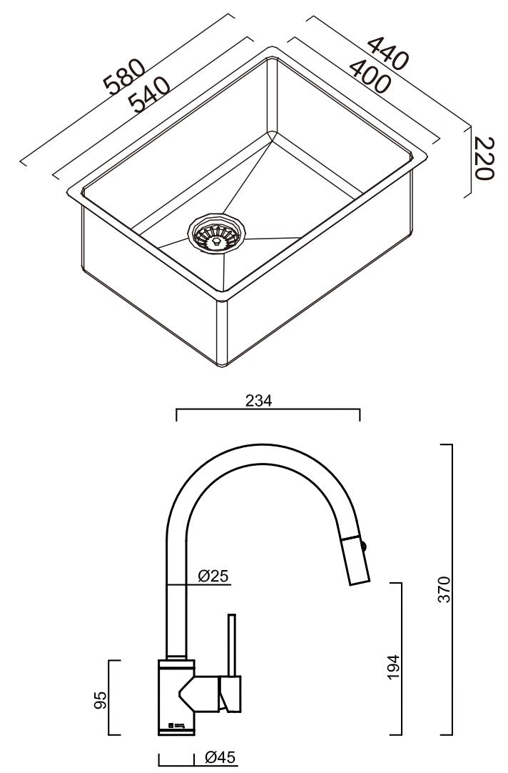 SCHOCK ALFRESCO SINGLE BOWL KITCHEN SINK WITH SINK MIXER STAINLESS STEEL 580MM