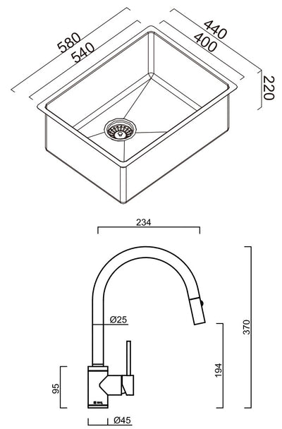 SCHOCK ALFRESCO SINGLE BOWL KITCHEN SINK WITH SINK MIXER STAINLESS STEEL 580MM