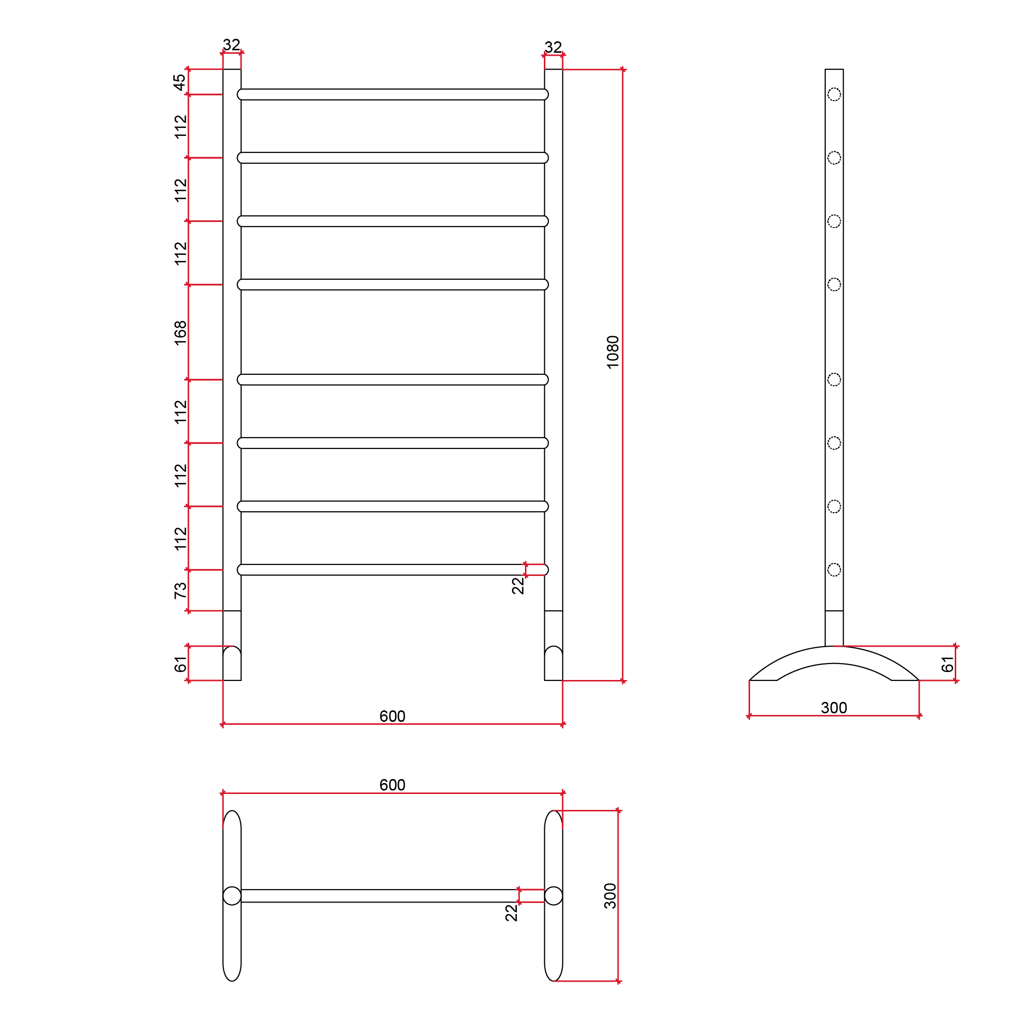 THERMOGROUP STRAIGHT ROUND FREE STANDING HEATED TOWEL RAIL MATTE BLACK 600MM