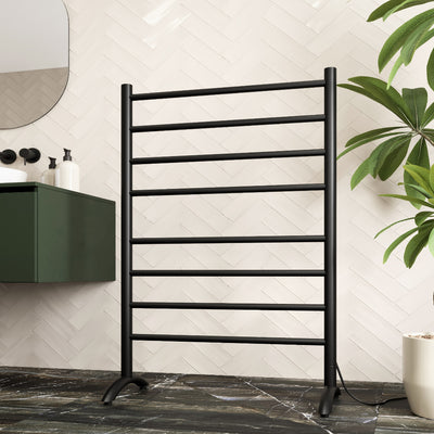 THERMOGROUP STRAIGHT ROUND FREE STANDING HEATED TOWEL RAIL MATTE BLACK 600MM