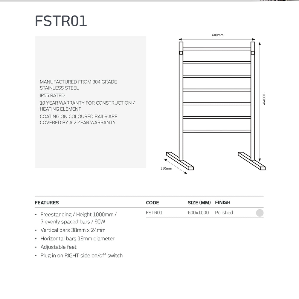 RADIANT HEATING 7-BARS FREESTANDING HEATED TOWEL RAIL CHROME 90WATTS 600MM