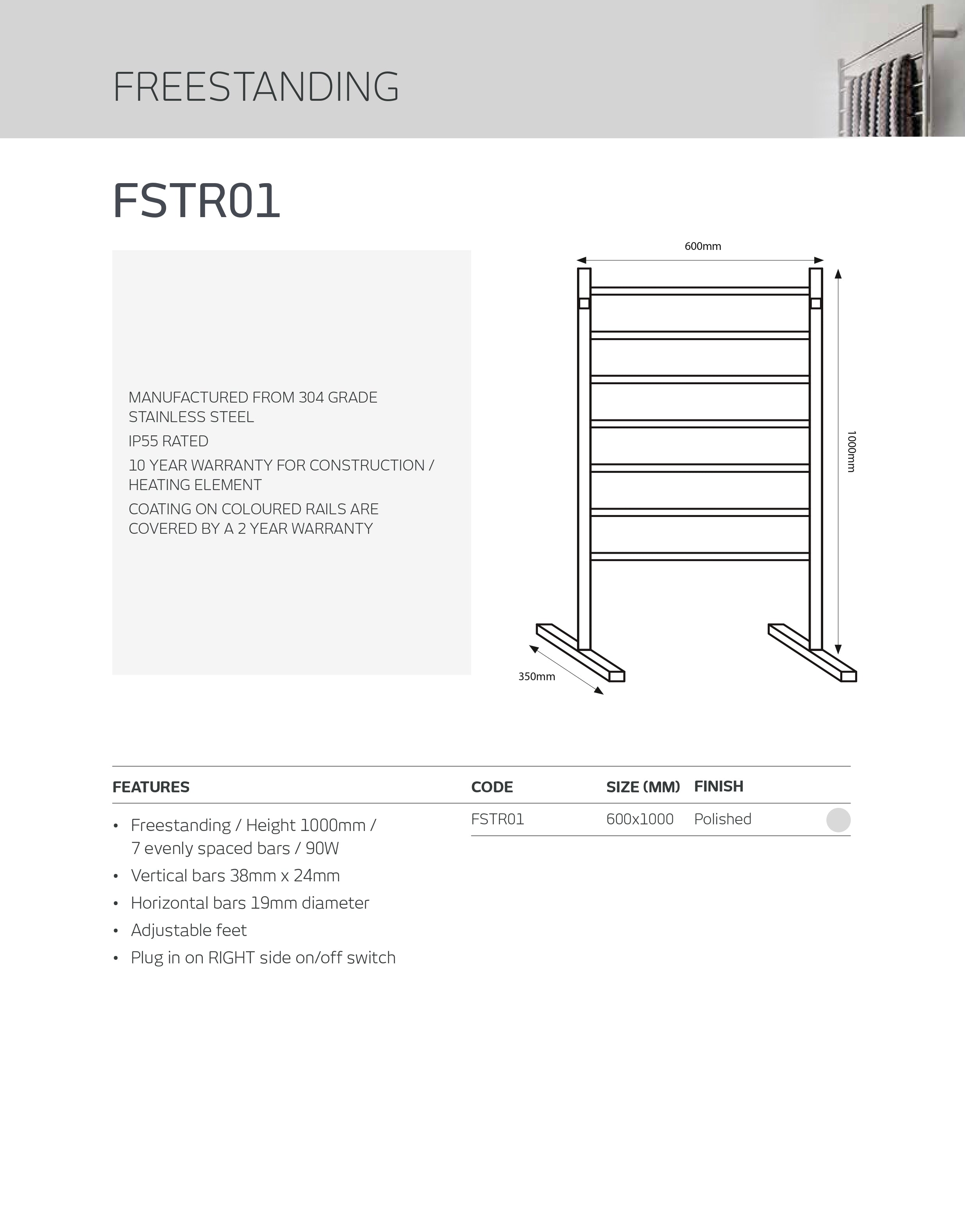 RADIANT HEATING 7-BARS FREESTANDING HEATED TOWEL RAIL CHROME 90WATTS 600MM