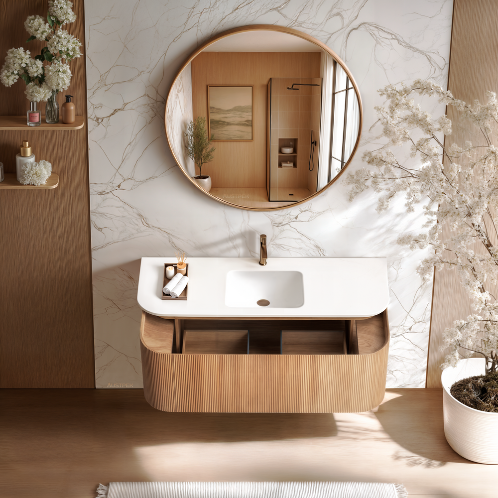 ORIO FITZROY LIGHT WALNUT FLUTED 1200MM CURVE SINGLE BOWL WALL HUNG VANITY