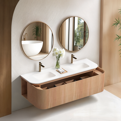 ORIO FITZROY LIGHT WALNUT FLUTED 1500MM CURVE DOUBLE BOWL WALL HUNG VANITY