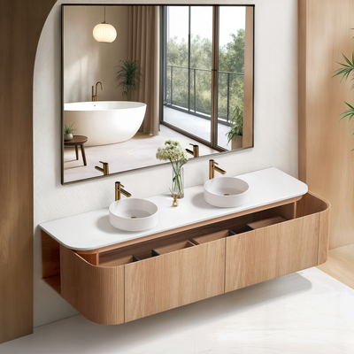 ORIO FITZROY LIGHT WALNUT FLUTED 1800MM CURVE DOUBLE BOWL WALL HUNG VANITY