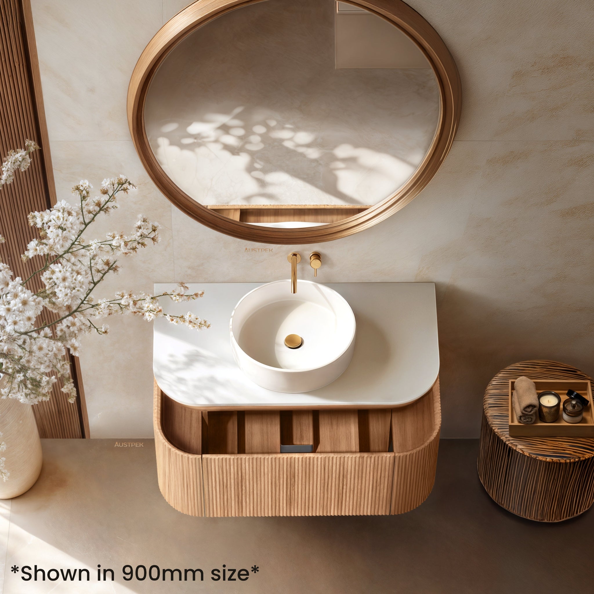 ORIO FITZROY LIGHT WALNUT FLUTED 1500MM CURVE DOUBLE BOWL WALL HUNG VANITY