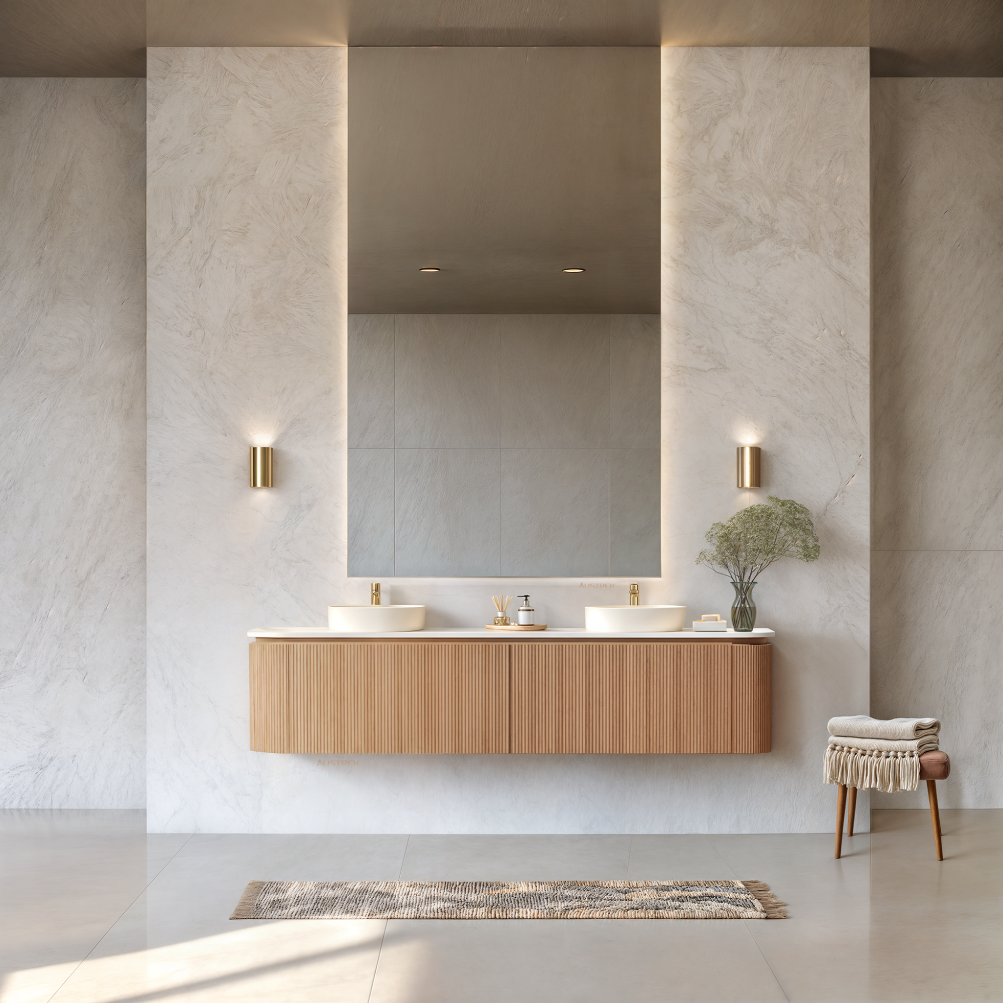 ORIO FITZROY LIGHT WALNUT FLUTED 1800MM CURVE DOUBLE BOWL WALL HUNG VANITY
