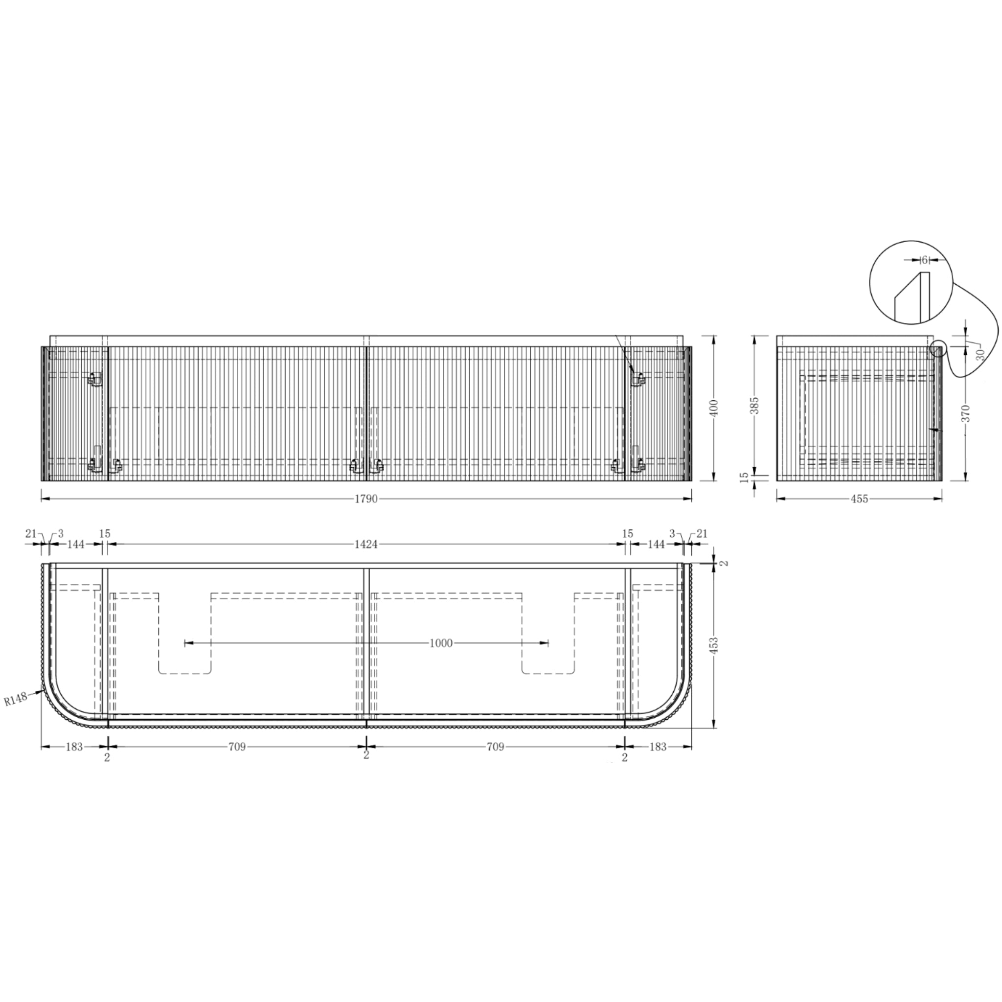 ORIO FITZROY LIGHT WALNUT FLUTED 1800MM CURVE DOUBLE BOWL WALL HUNG VANITY