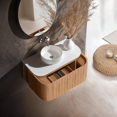 ORIO FITZROY LIGHT WALNUT FLUTED 900MM CURVE SINGLE BOWL WALL HUNG VANITY