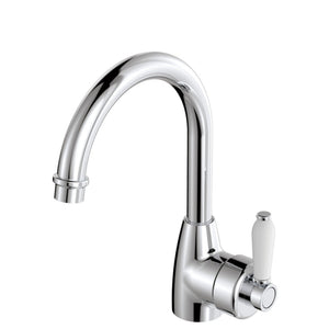 FIENZA ELEANOR GOOSENECK BASIN MIXER 264MM CERAMIC HANDLE CHROME WHITE