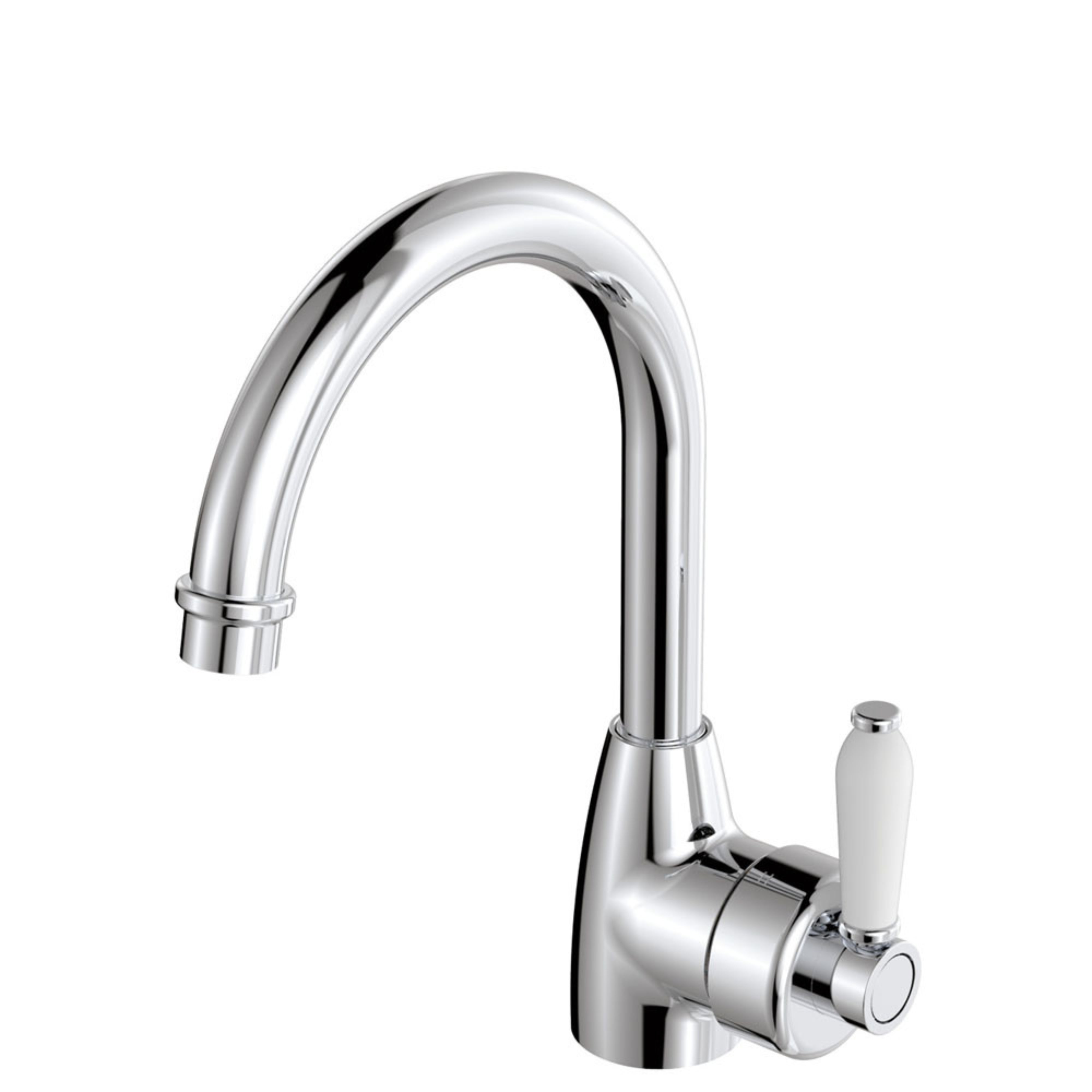 FIENZA ELEANOR GOOSENECK BASIN MIXER 264MM CERAMIC HANDLE CHROME WHITE