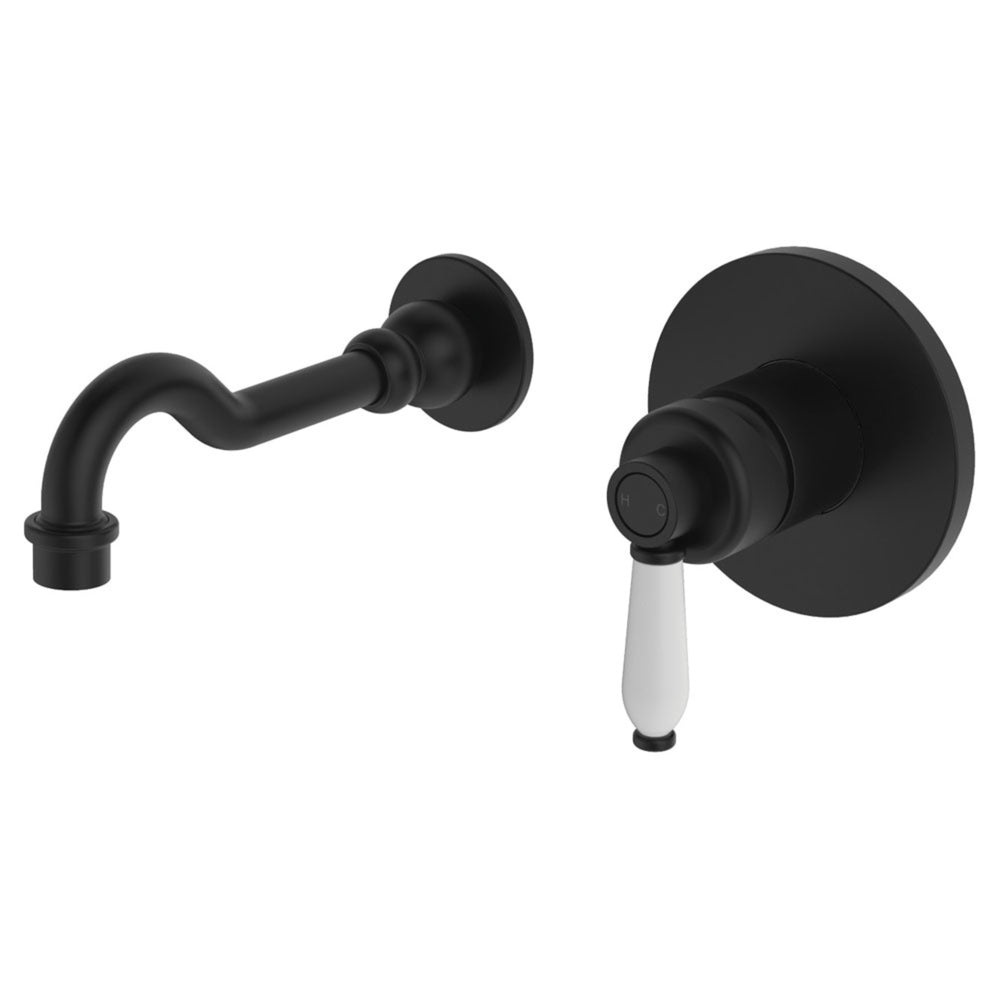 FIENZA ELEANOR WALL BASIN/BATH MIXER SET 215MM CERAMIC HANDLE MATTE BLACK