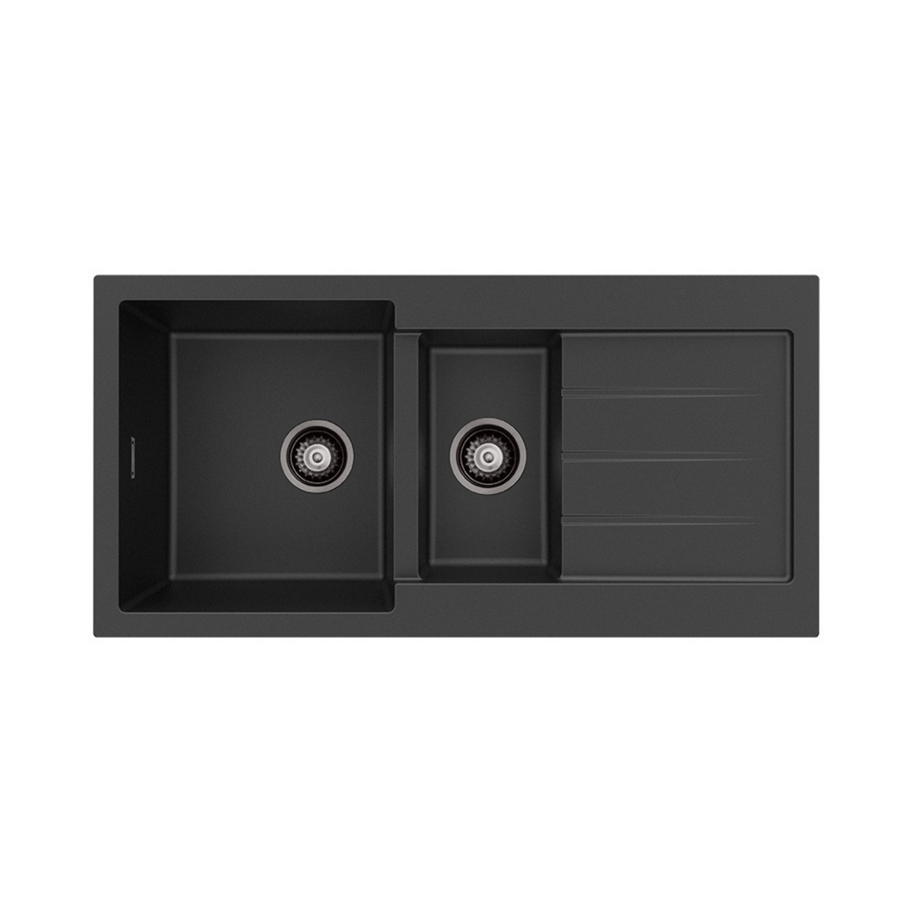 FIENZA KURO GRANITE DOUBLE BOWL KITCHEN SINK WITH DRAINER NO TAP HOLE 1000MM