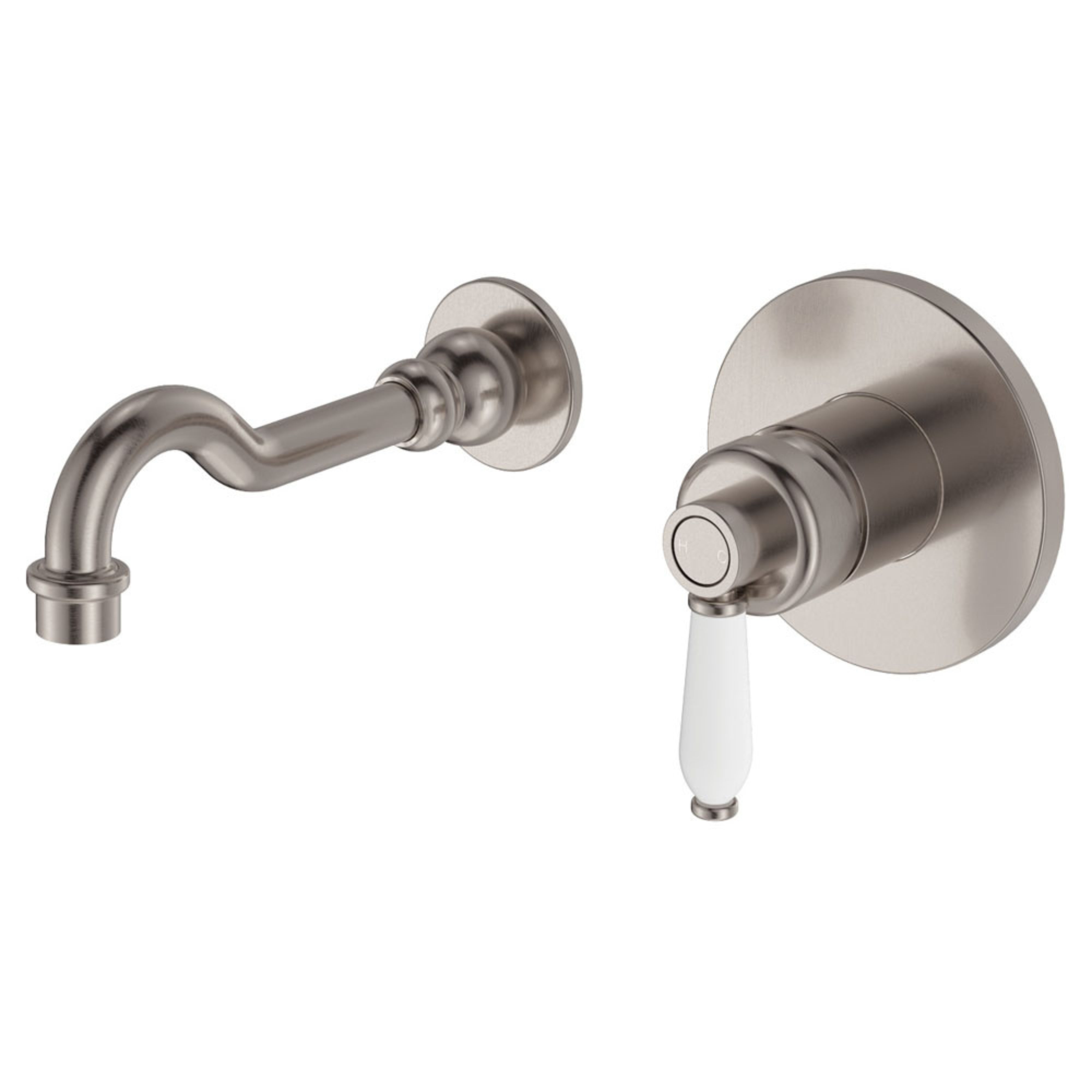 FIENZA ELEANOR WALL BASIN/BATH MIXER SET 215MM CERAMIC HANDLE BRUSHED NICKEL