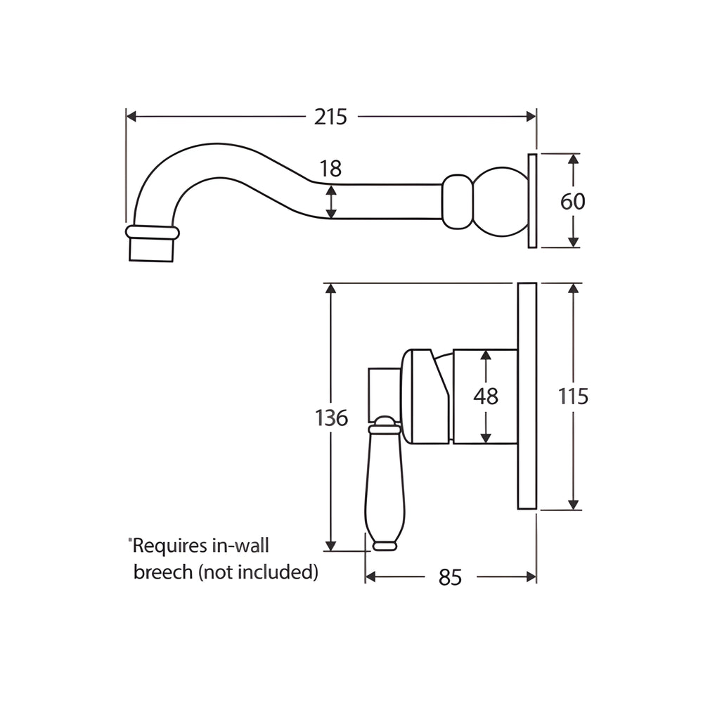 FIENZA ELEANOR WALL BASIN/BATH MIXER SET 215MM CERAMIC HANDLE CHROME