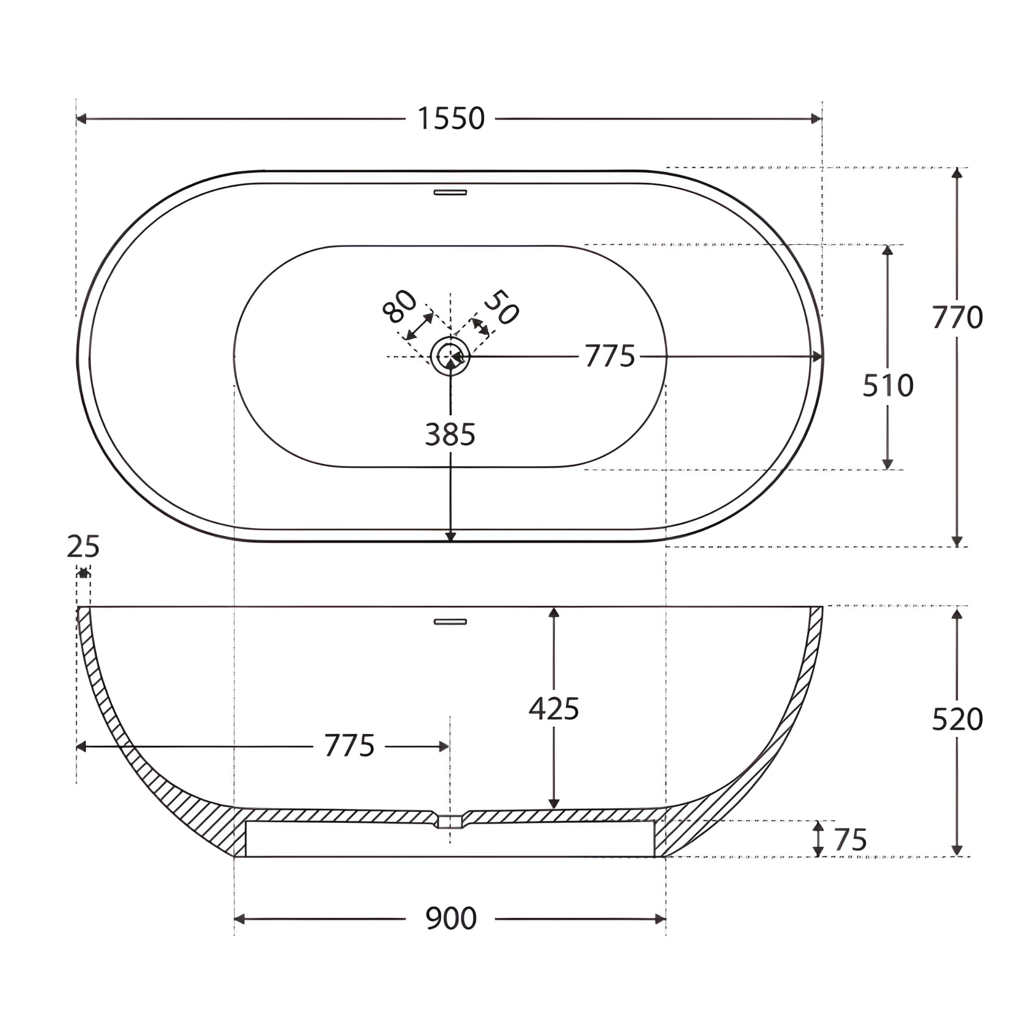 FIENZA NERO SOLID SURFACE FREESTANDING BATHTUB MATTE WHITE (AVAILABLE IN 1400MM, 1550MM AND 1780MM)