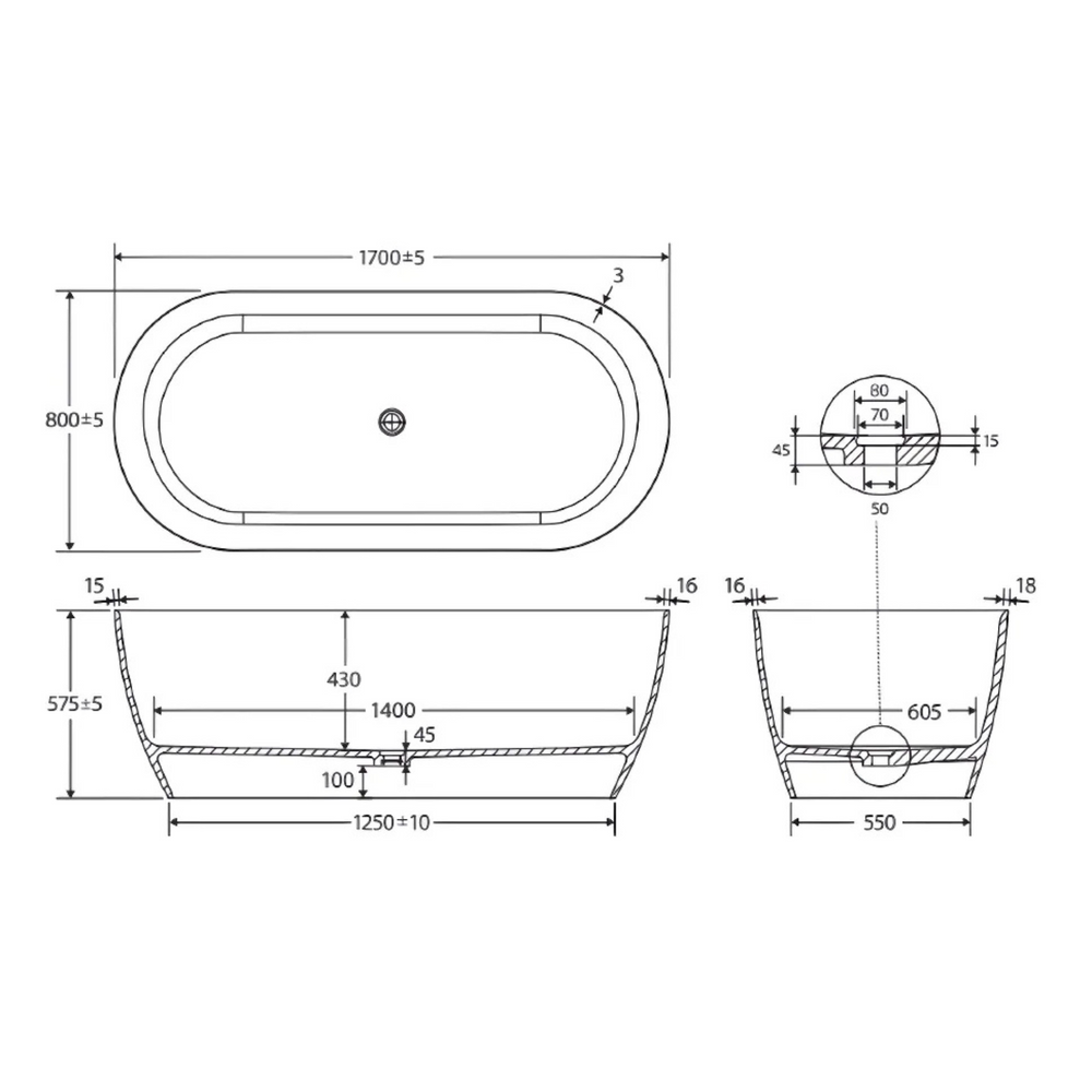 FIENZA KAYA SOLID SURFACE FREESTANDING BATHTUB MATTE WHITE (AVAILABLE IN 1500MM AND 1700MM)