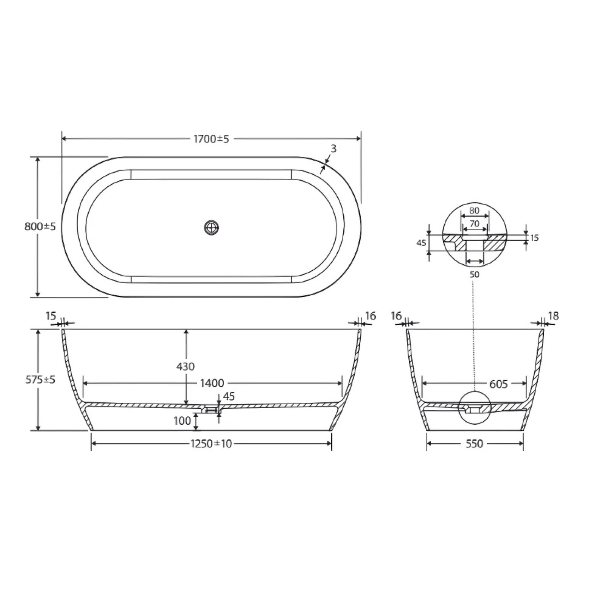 FIENZA KAYA SOLID SURFACE FREESTANDING BATHTUB MATTE WHITE (AVAILABLE IN 1500MM AND 1700MM)