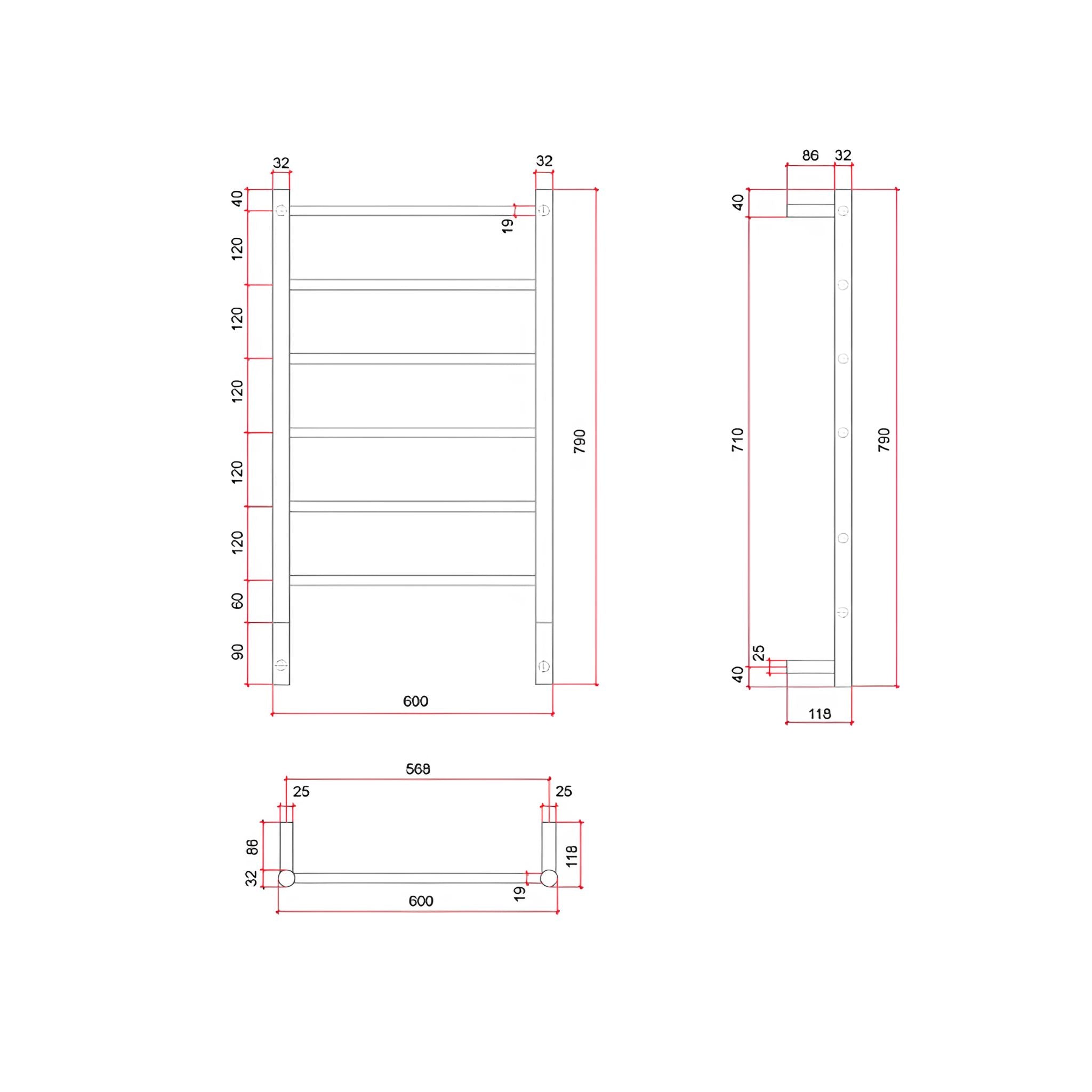 THERMOGROUP SPARTAN LIQUID-FILLED 6-BAR ROUND LADDER HEATED TOWEL RAIL POLISHED STAINLESS STEEL 600MM (CUSTOM PLATED FINISH)