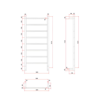 THERMOGROUP SPARTAN LIQUID-FILLED 8-BAR ROUND LADDER HEATED TOWEL RAIL POLISHED STAINLESS STEEL 620MM (CUSTOM PLATED FINISH)