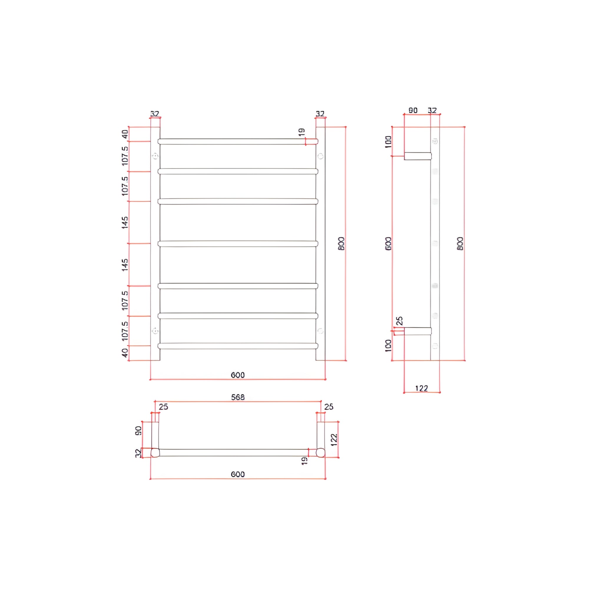 THERMOGROUP 7-BAR SQUARE LADDER HEATED TOWEL RAIL POLISHED STAINLESS STEEL 600MM