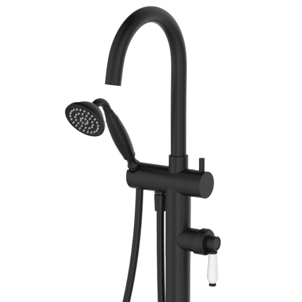 FIENZA ELEANOR FLOOR STANDING BATH MIXER WITH HAND SHOWER CERAMIC HANDLE MATTE BLACK