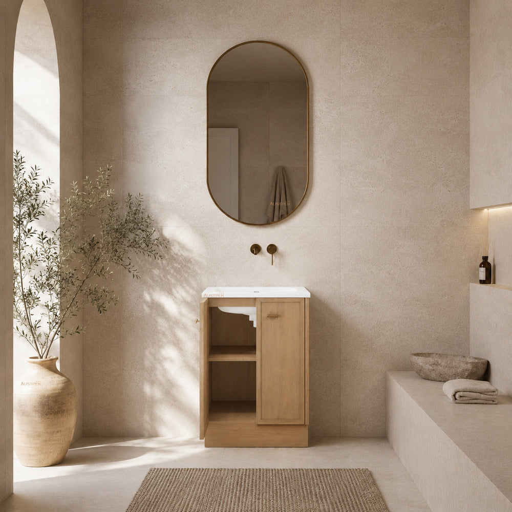 RIVA TOFINO COASTAL OAK 600MM SINGLE BOWL FLOOR STANDING VANITY WITH KICKBOARD